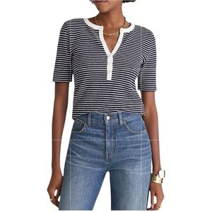 Madewell Women’s Elbow Sleeve Henley Tee T-shirt NWT S Midnight Navy Stripe